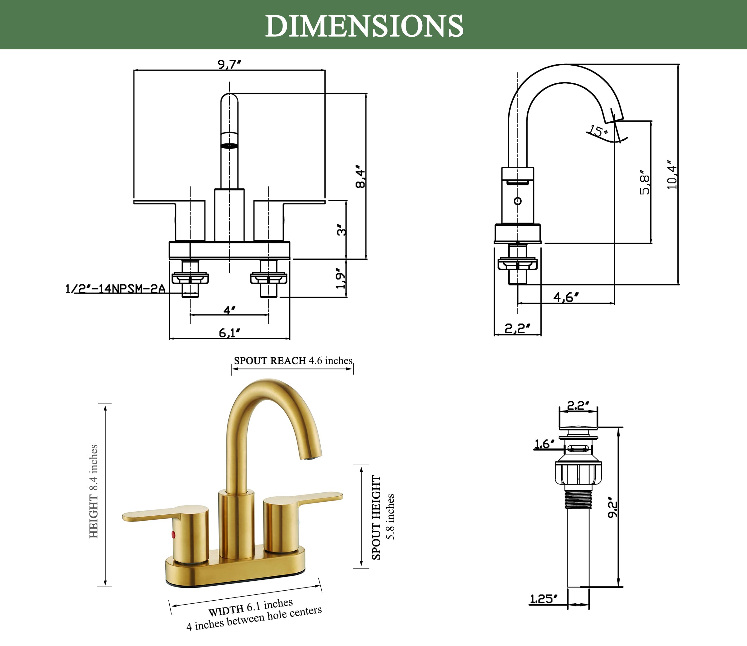 TimeArrow Brushed Gold 2 Handle Centerset Bathroom Sink Faucet with Drain Assembly, High Arc Modern 4 Inch Bathroom Vanity Lavatory Faucet 3 Holes with Brass 360° Swivel Spout, TAF067E-PB