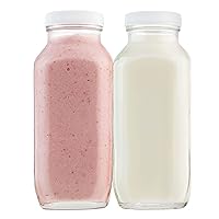 kitchentoolz 16oz Square Glass Milk Bottle with Plastic Airtight Lids - Vintage Reusable Dairy Drinking Containers for Milk, Yogurt, Smoothies, Kefir, Kombucha, and Water- Pack of 4