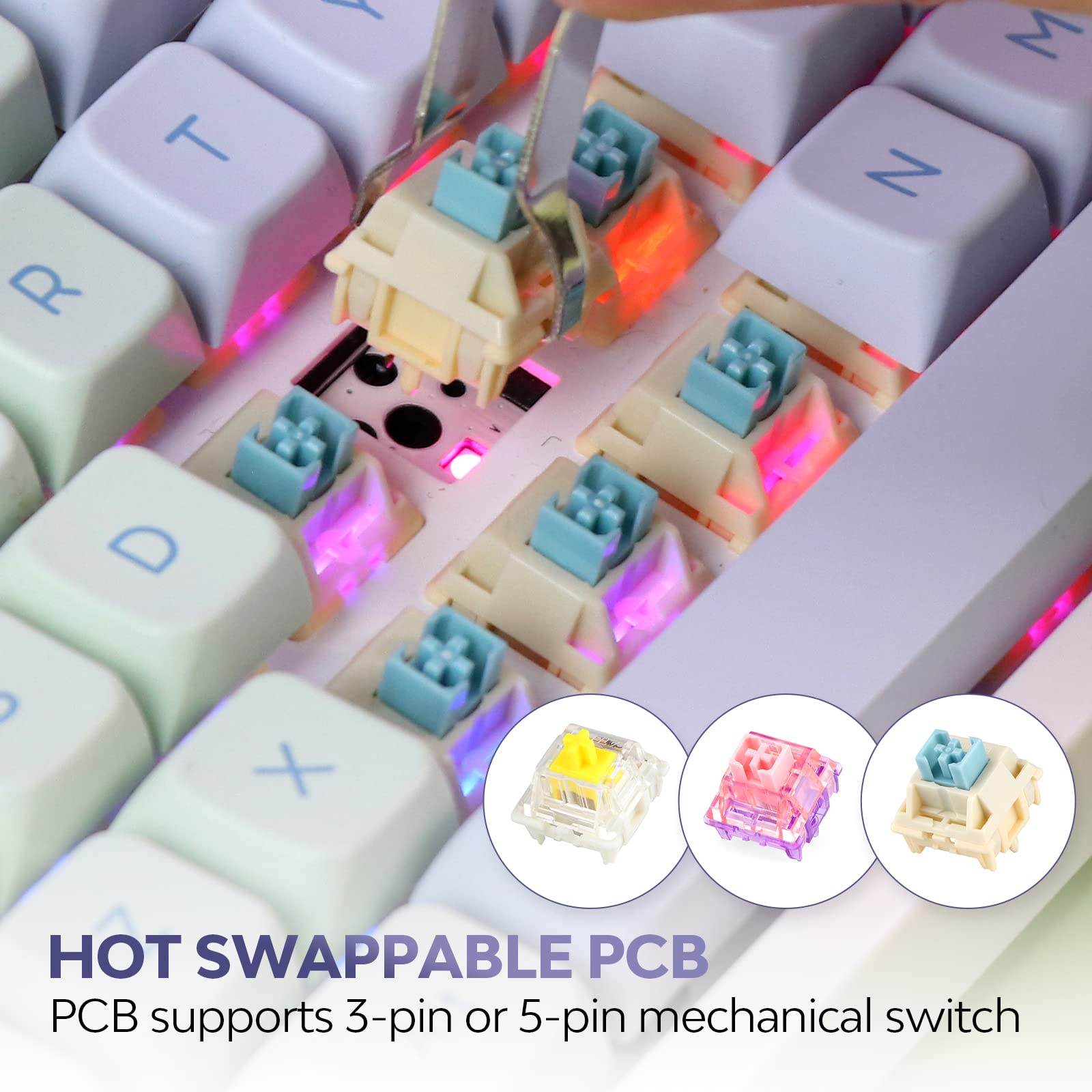 Epomaker TH66 Pro 65% Hot Swappable RGB 2.4Ghz/Bluetooth 5.0/Wired Mechanical Gaming Keyboard with MDA PBT Keycaps, Knob Control for Mac/Win (TH66 Monet, Flamingo Switch)