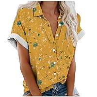 Women's Boho Floral Print Button Down Shirts Fashion Lightweight Short Sleeve Lapel Collar Blouse Summer Casual Tops