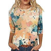 Casual Tops for Women Trendy 3/4 Length Sleeves Casual Floral Printed Round Neck Shirt Loose Fit Sweatshirt Blouse