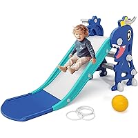 XJD Toddler Slide, 4 in 1 Foldable Indoor Slide for Toddlers Age 1-3, Indoor and Outdoor Playground, Toddler Climber Playset with Basketball Hoop and Ring Toss (Blue)