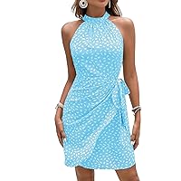 SOLY HUX Women's Allover Print Wrap Halter Dress Summer Knot Side Sleeveless High Waist Fitted Short Dresses