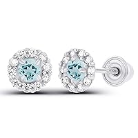 Solid 14K Gold 4mm Natural Birthstone Screwback Stud Earrings For Women | 2.50mm Birthstone | 1mm Created White Sapphire Flower Screwback Earrings For Women and Girls