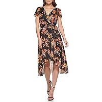 DKNY Women's Short Sleeve Asymmetrical Hem Faux Wrap Dress