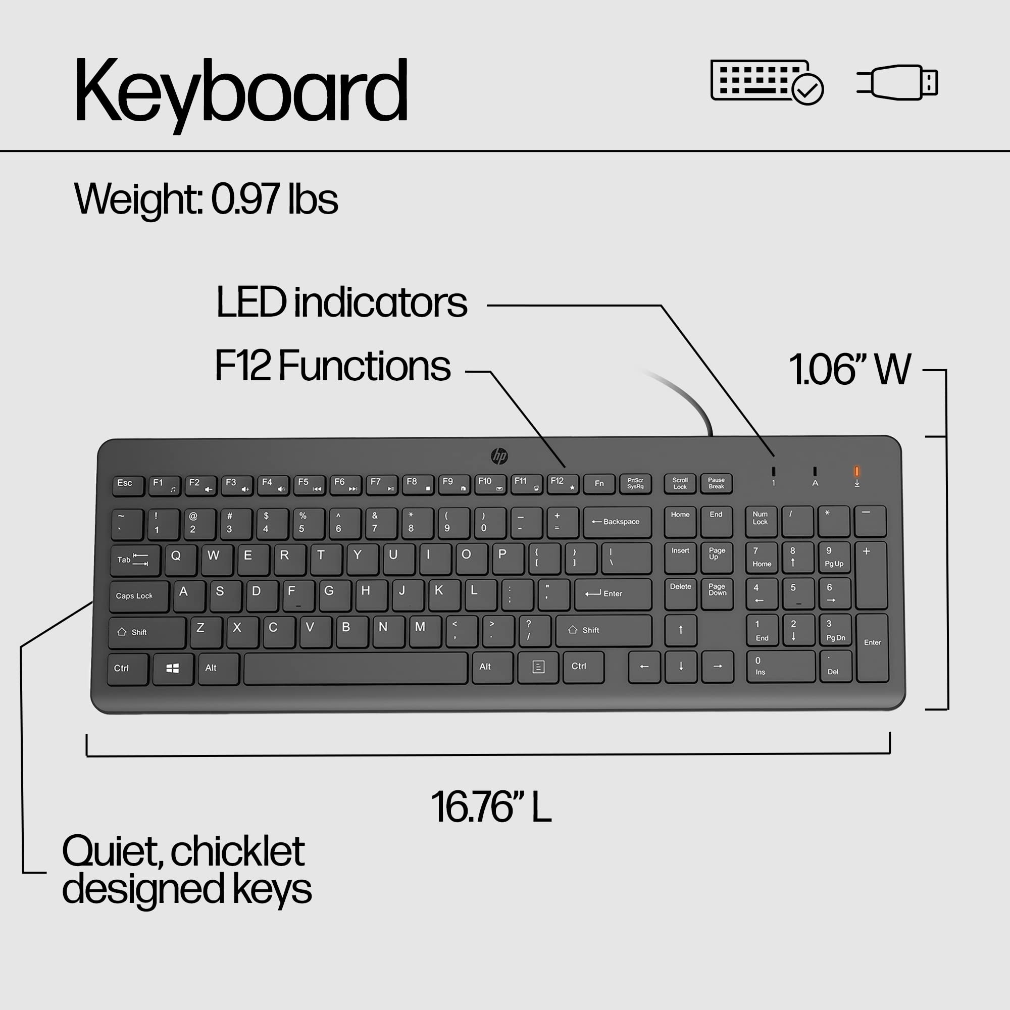 HP 150 Wired Mouse and Keyboard Combo - Full-Sized, Low-Profile Keyboard with Numeric Keypad - 1600 DPI Optical Sensor, Multi-Surface Wired Mouse - USB Plug-and-Play Connectivity (240J7AA, Black)