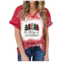 Merry Christmas Shirt for Women Bleached Tshirt Xmas Plaid Tree Print V Neck Holiday Tee Novelty Short Sleeve Tops