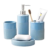 Bathroom Accessories Set - 4 Piece Blue Ceramic Bathroom Accessory Sets with Lotion or Liquid Soap Dispenser, Toothbrush Holder, Tumbler and Soap Dish - Modern Decorative with Round Dots