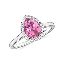 Natural Pink Tourmaline Pear Halo Ring with Diamonds for Women in Sterling Silver / 14K Solid Gold/Platinum