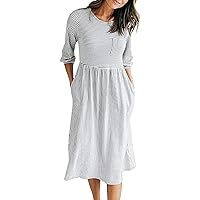 MEROKEETY Women's 3/4 Balloon Sleeve Striped High Waist T Shirt Midi Dress with Pockets