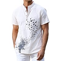 zeetoo Mens Linen Shirts Casual Print Henley Beach Shirts for Men Long Sleeve Button Down Summer Shirt Loose Fit Tee Tops
