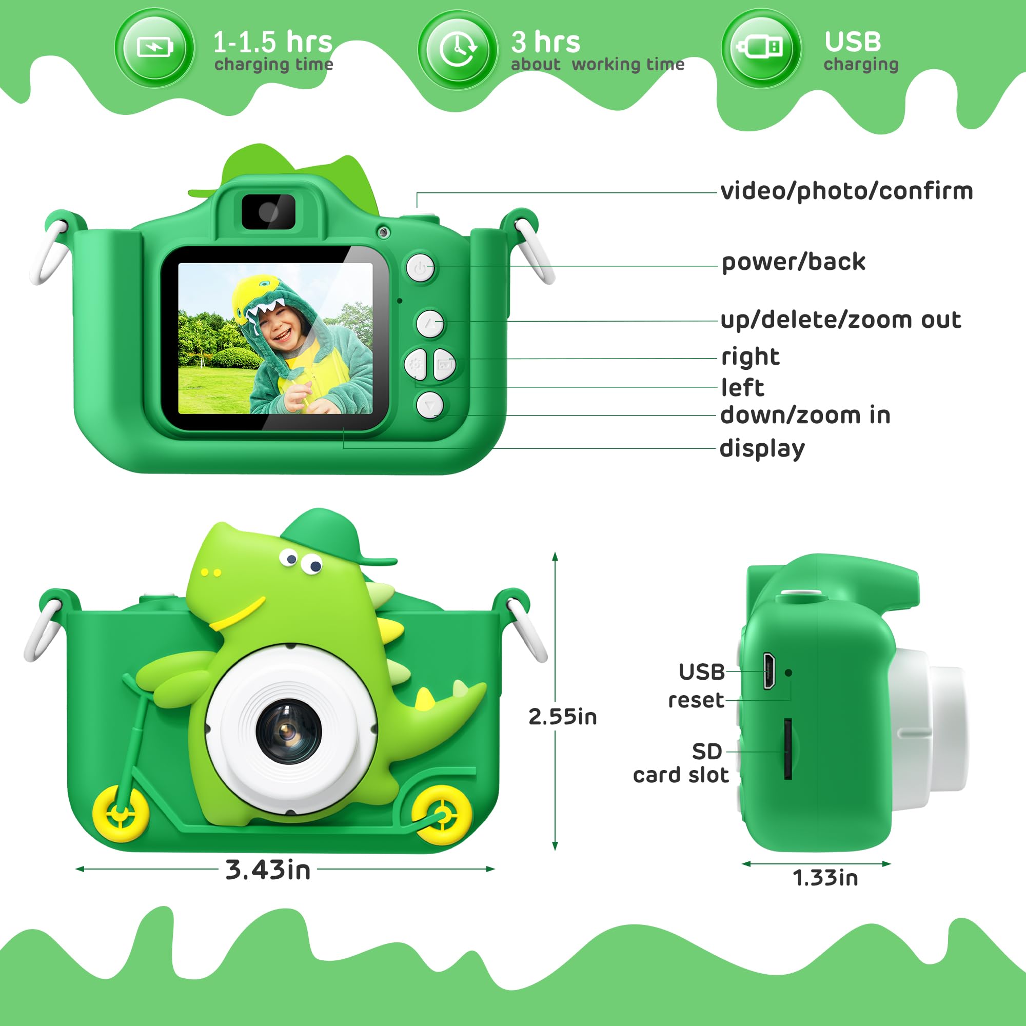 Upgrade Dinosaur Kids Camera for 3-12 Year Old Boys Girls, Christmas Birthday Gifts for Kids, 1080P HD Kids Digital Video Camera with 32GB SD Card, Multi-Functional Cute Portable Kids Toys