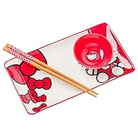 Sanrio Hello Kitty Red and White Bow Ceramic Sushi Set with Dipping Sauce Dish and Matching Chopsticks