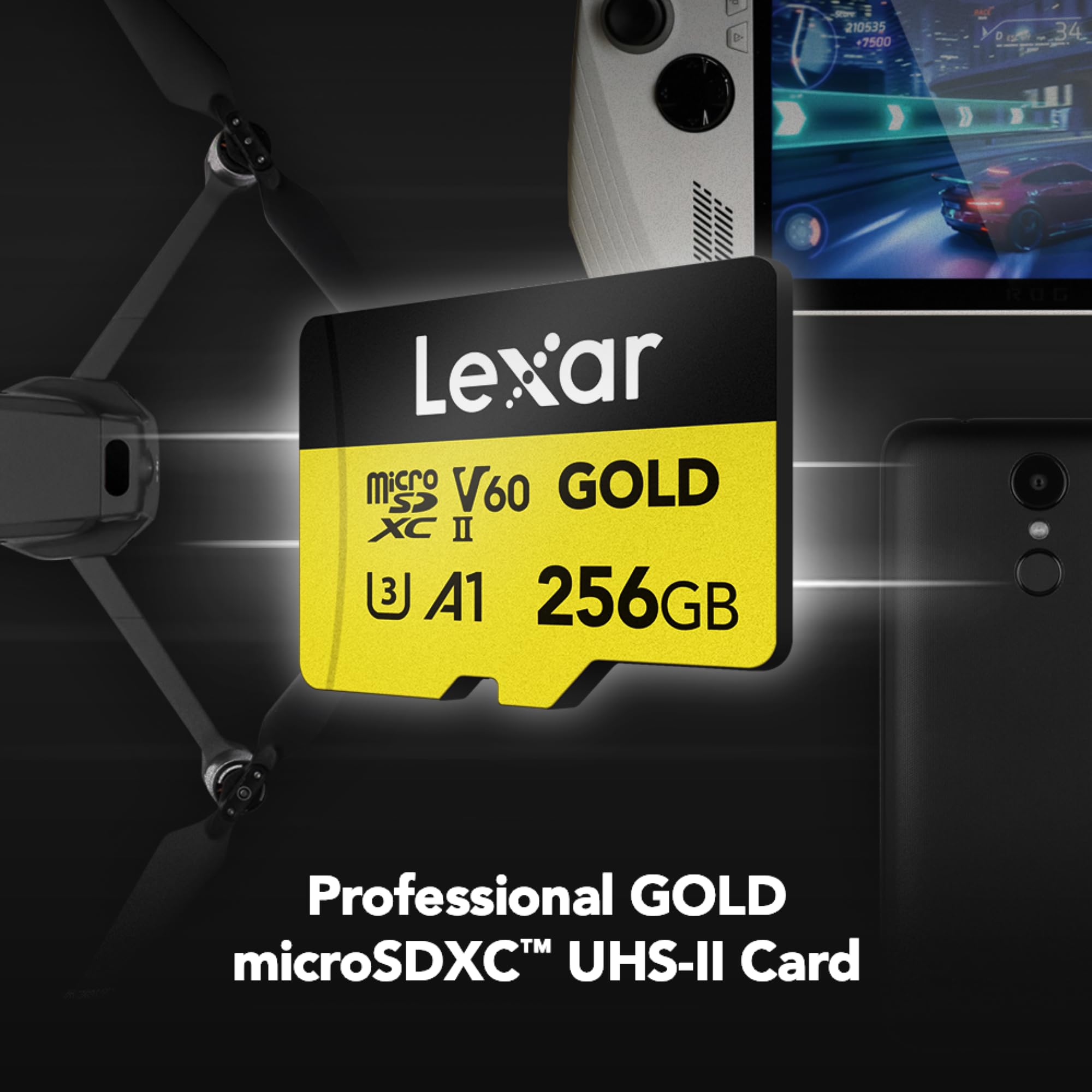 Lexar Professional Gold 256GB microSDXC UHS-II Card, C10, U3, V60, A1, Full HD, 4K UHD, Up to 280/180 MB/s, for Drones, Action Cameras, Portable Gaming Devices (LMSGOLD256G-BNNNG)