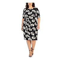 Connected Apparel Womens Black Floral Short Sleeve Round Neck Below The Knee Wear to Work Sheath Dress Plus 22W