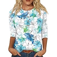 Womens 3/4 Sleeve Summer Tops Casual Button Down Plus Size Blouses Cooling Printed T Shirts Colorblock Graphic Tees