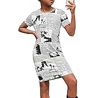 WDIRARA Girl's Newspaper Printed Round Neck Short Sleeve Fitted Casual Straight Dress