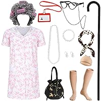 100th Day of School Old Lady Costume Kids Girls Grandma Cosplay Old Person Granny Outfit Pink Dress with Accessories