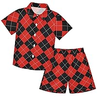 visesunny Toddler Boys 2 Piece Outfit Button Down Shirt and Short Sets Red Chess Board Diamond Pattern Boy Summer Outfits