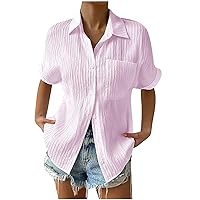 Shirts for Women 2024 Button Down Shirt Pleated Summer Tops Short Sleeve Loose Fit Collared Casual Work Blouses