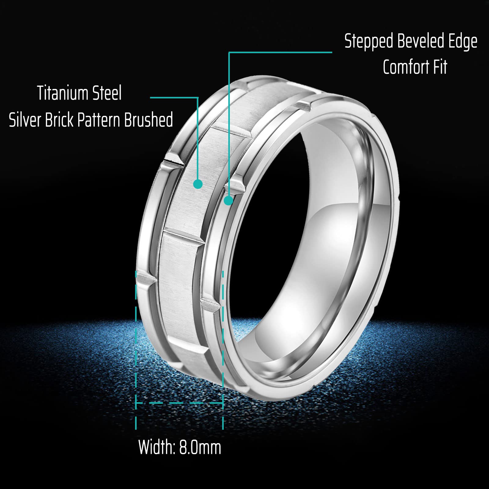 Ahloe Jewelry Titanium Rings For Men Men's Wedding Bands Silver Brick Pattern Brushed Stainless Steel Engagement Ring Size 11