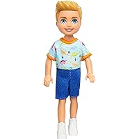 Barbie Chelsea Doll, Small Boy Doll Wearing Removable One-Piece with Dinosaur Print & White Shoes, Blond Hair & Blue Eyes