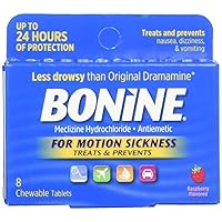 Bonine Motion Sickness Relief Chewable Tablets Bundle with Non-Drowsy Meclizine Hcl 25mg Travel-Sized 16ct and Raspberry Flavored 8ct