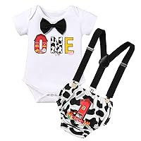 IMEKIS Baby Boys Farm Animals 1st Birthday Outfit Cake Smash Bowtie Romper + Shorts + Suspenders Cow Clothes for Photo Shoot