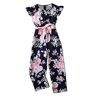 Floerns Girl's Floral Print Ruffle Cap Sleeve Belted Long Pants Jumpsuit