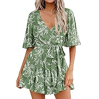 Women's 2024 Casual Loose Overalls Jumpsuits One Piece Flared Sleeve Printed Wide Leg Shorts Pant Rompers With Pockets