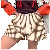 Elastic Waist Casual Shorts for Women Relaxed Quick Dry Athletic Shorts Comfy Pajama Plaid Printed Beach Short Pants