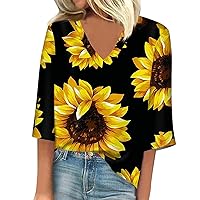 Summer Tops for Women 2024,Sunflower Printing Tshirt 3/4 Length Sleeve V Neck Casual Tops Loose Casual Blouse
