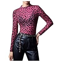Floerns Women's Leopard Print Sheer Mesh Long Sleeve Tee Shirts Without Bra