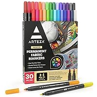 ARTEZA Fabric Paint Markers, Set of 30, Permanent Dual-Tip Textile Marker, Assorted Colors, Art Supplies for Coloring T-Shirts, Jeans, Jackets, and Backpacks