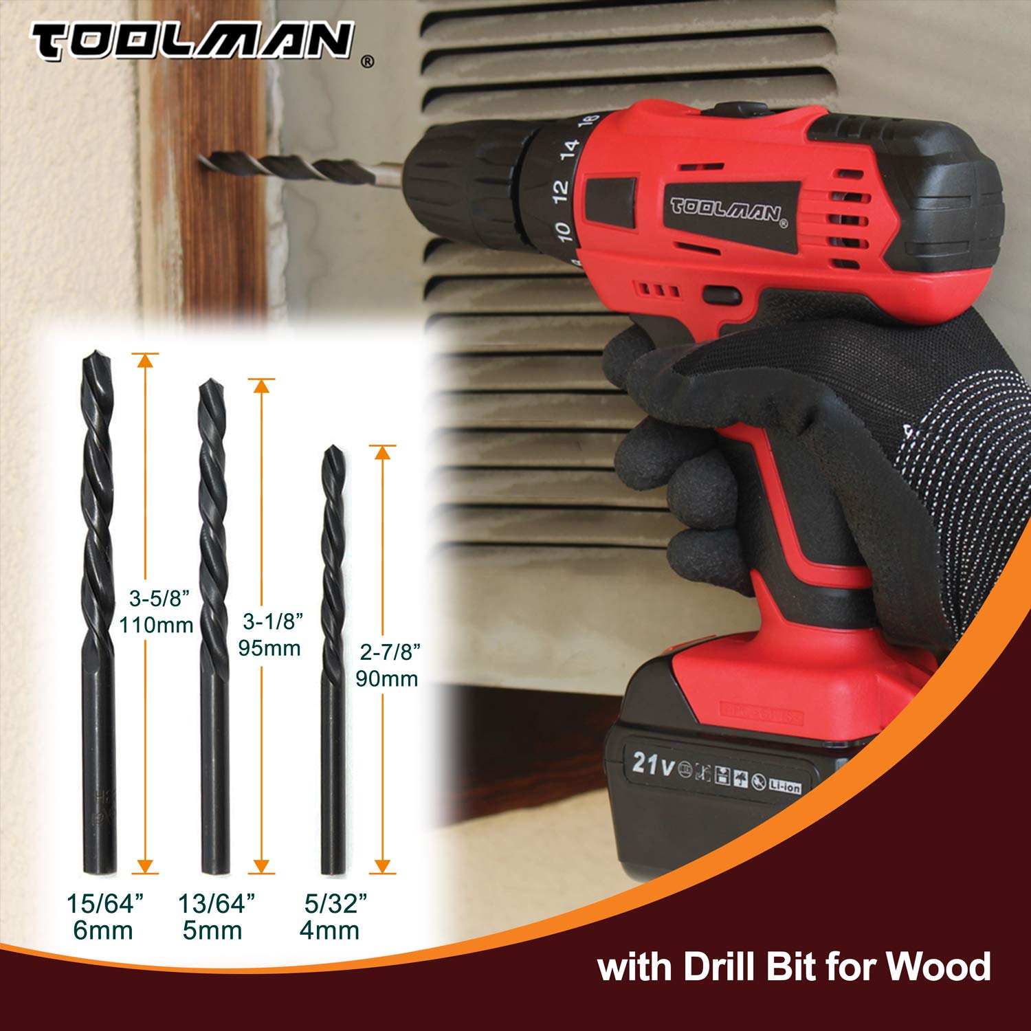 Toolman 21v Cordless Lithium Drill with 1pc Battery, drills sets and 1pc 2hour quick charger ZTP008