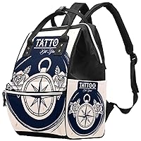 Compass with Roses Tattoo Diaper Bag Backpack Baby Nappy Changing Bags Multi Function Large Capacity Travel Bag