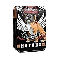 Boxer Dog in Biker Helmet Ride to live Poster Lipstick Case for Travel Outside, Mini Soft Leather Cosmetic Pouch with Mirror, Portable Carry-on Makeup Organizer Bag