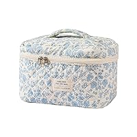 Large Travel Quilted Makeup Bag for Women, Floral Cotton Cosmetic Bag, Coquette Aesthetic Floral Toiletry Organizer Bag (01Lithtblue-flower)