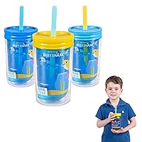 Franco Kids Pack of 3 Reusable Insulated Double Wall Tumbler Drinking Cups with Straws and Lids, 12-Ounce, Baby Shark