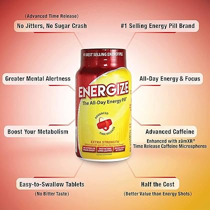 iSatori Energize Extra Strength Caffeine Pills - Fast Acting Long-Lasting Energy Pill - Extended-Release Caffeine - Improved Alertness and Clarity - All Day Energy, No Jitters, No Crash (60 Tablets)