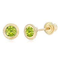 Solid 14K Gold 4mm Bezel Cushion Natural Birthstone Screwback Stud Earrings For Women | 3mm Round Cut Birthstone | 14K Gold Bezel Birthstone Screwback Earrings For Women and Girls