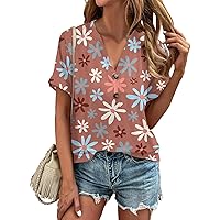 Women's Summer Tops 2024 Boho Floral Shirts Casual Short Sleeve V Neck Loose Fit Button T-Shirt Going Out Tops