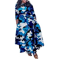 SHINFY Womens Plus Size Camo Dress Long Sleeve African Print Camouflage A-line Flowy Long Maxi Dress with Tie