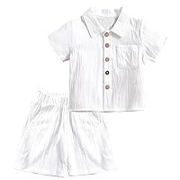 SEAUR - Baby Boy Girl Summer Clothes Sets 2 Piece Cotton Linen Shirts Short Sleeve Button Down T-Shirt Toddler Causal Outfits