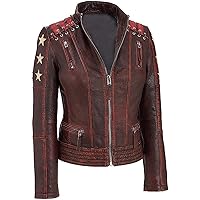 SAMS Womens Oxblood Cafe Racer - Vintage Style Red Waxed Leather Jacket - Braided Golden Stars Motorcycle Biker Coat