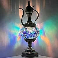 SILVERFEVER Mosaic Turkish Teapot Lamp Moroccan Glass for Table Desk Bedside Bronze Base Bundle with E12 Light Bulb (Spring Pastels)