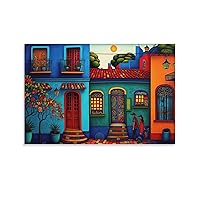 ZHJLUT Mexican Poster Mexican House Wall Art Colorful Mexican Folk Art Painting Wall Art Paintings Canvas Wall Decor Home Decor Living Room Decor Aesthetic Prints 24x36inch(60x90cm) Unframe-style