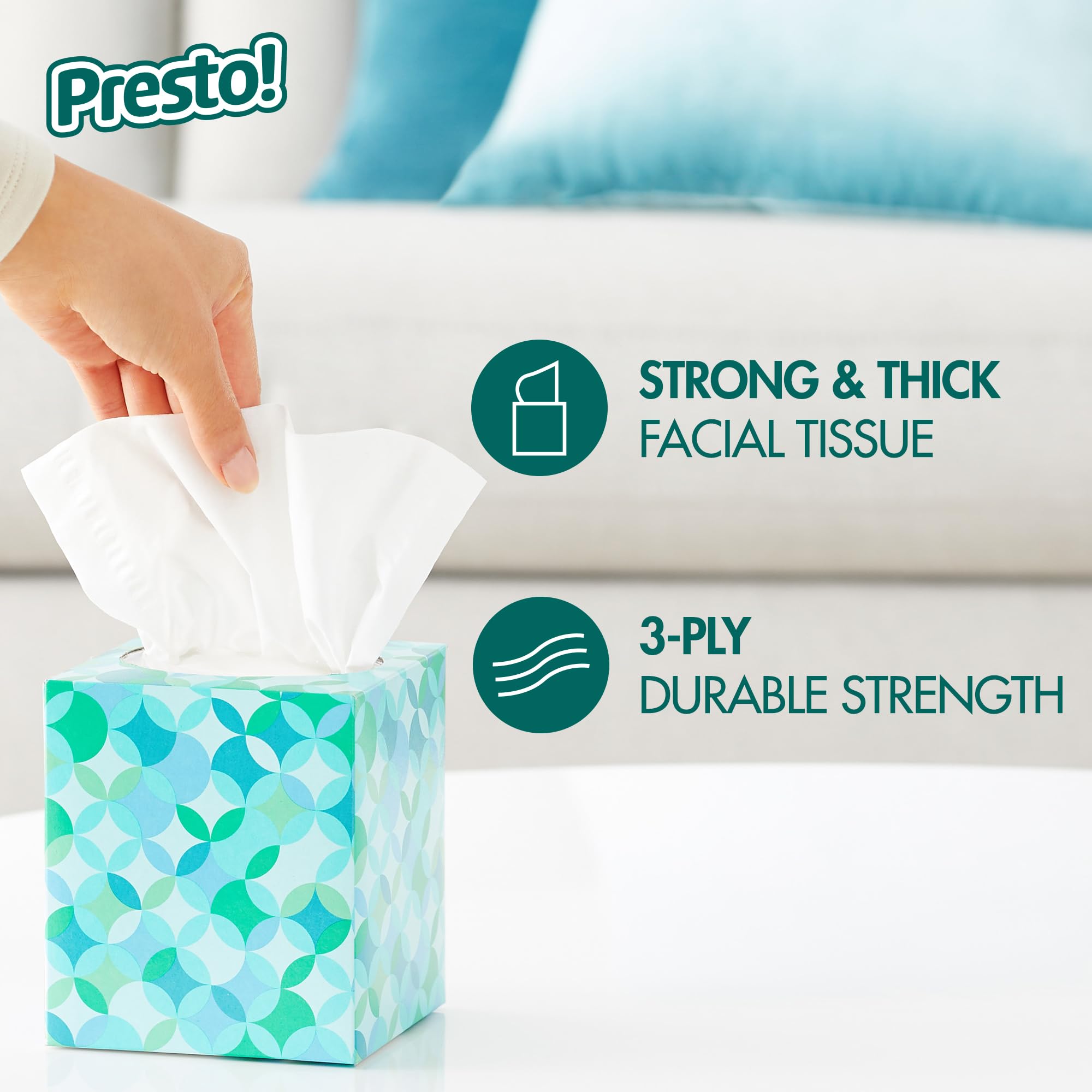 Amazon Brand - Presto! Ultra-Soft 3-Ply Premium Facial Tissues, 66 Tissues per Box, 4 Cube Boxes (264 total)