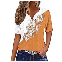Womens Tops V-Neck Button Up Casual Eyelet Tunic Short Sleeve Tees Blouse Floral Printed Henley T Shirt