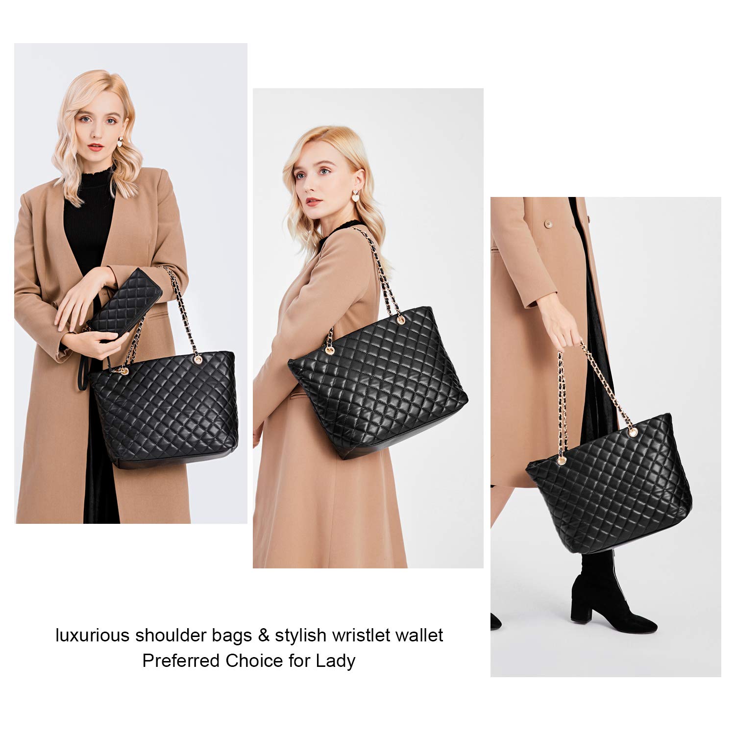 XB Tote Purse and Handbags Set for Women Leather Quilted Shoulder Bag Wristlet Wallet Zipper 2pcs Purse Set